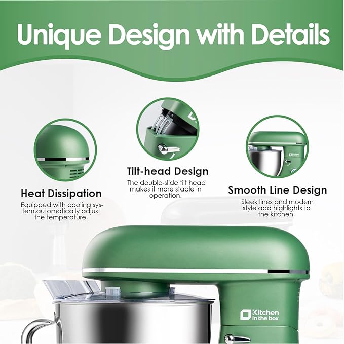 Kitchen in the box Stand Mixer - 8.5 Quart Electric Kitchen Standing Mixer 900 Watt for Heavy Bread Dough,Baking,Cake,Cream & Batters,Tilt Head Design (Green)