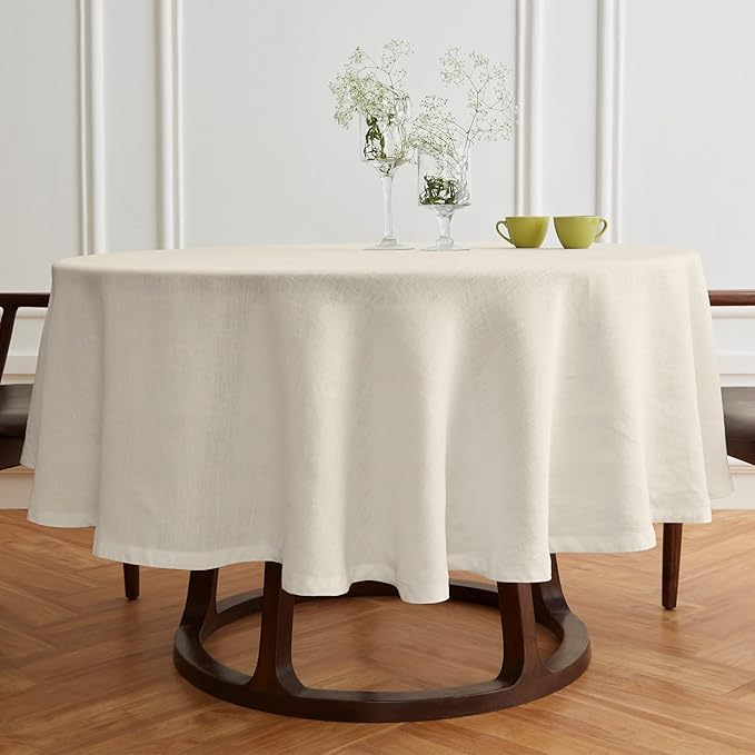 Solino Home Linen Round Tablecloth 70 Inch - 100% Pure Linen Ivory Round Tablecloth - Machine Washable Table Cloth for Spring, Easter - Sonoma