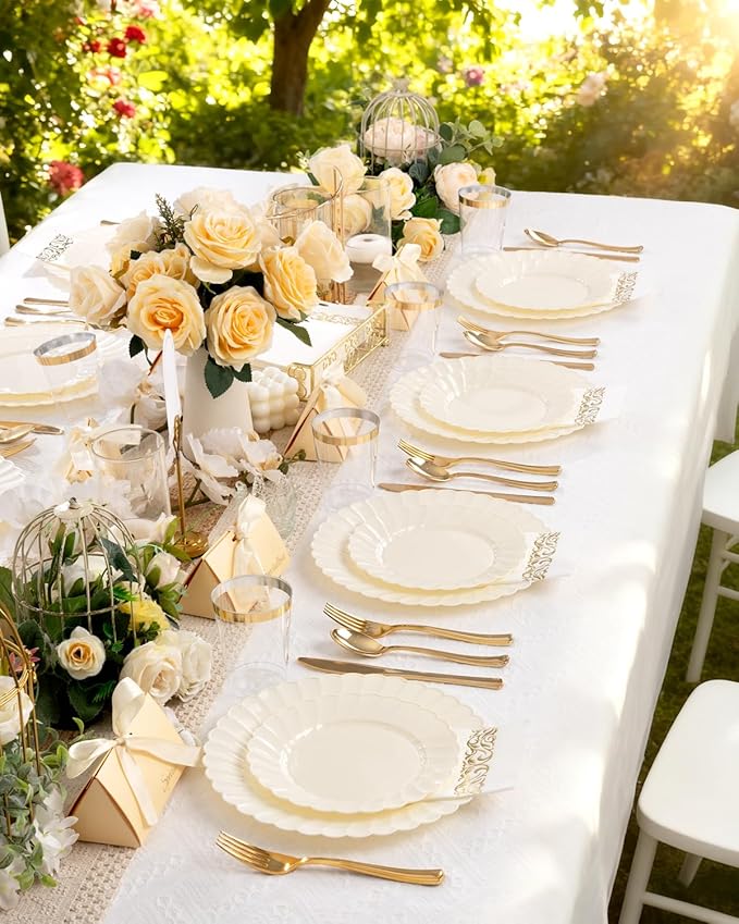 YOUBET 100PCS Ivory Scalloped Plastic Plates - Heavy Duty Disposable Fancy Hard Plates Include 50 Dinner Plate, 50 Dessert Plate, for Wedding & Party