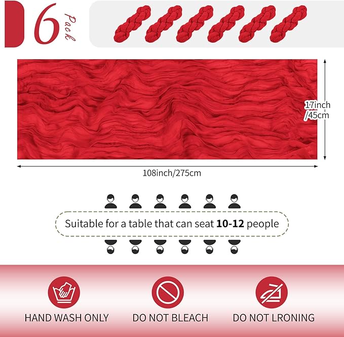 RealBox 6 Pack Red Cheesecloth Table Runner 17x108 Inch Semi Sheer Boho Gauze Cheese Cloth Fabric Table Runners Table Decor for Wedding Party Baby Shower Birthday Home Decor Garden Farmhouse