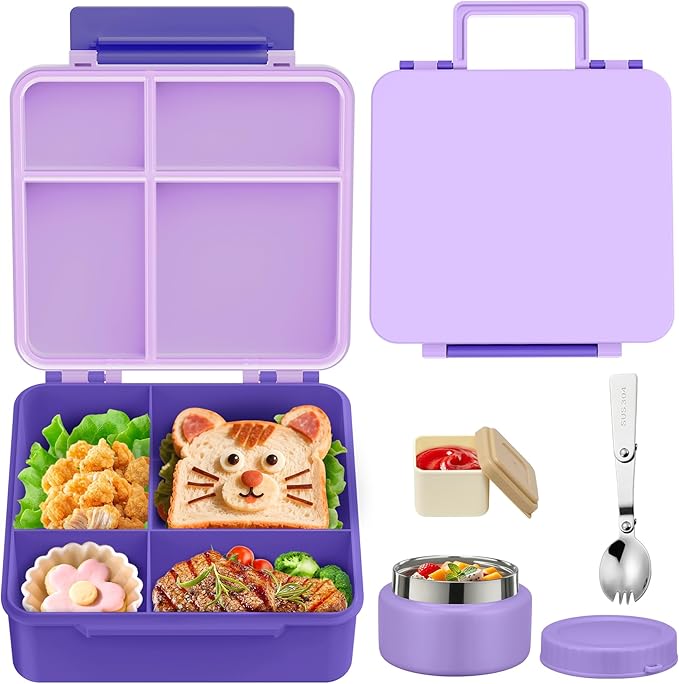 Aimsnk Bento Lunch Box for Kids with 9oz Soup Thermo Leak-Proof Lunch Food Container with 5 Compartment Thermo Hot Food Jar and Insulated Lunch Bag for Kid Toddler Girls Boys to School(Purple)