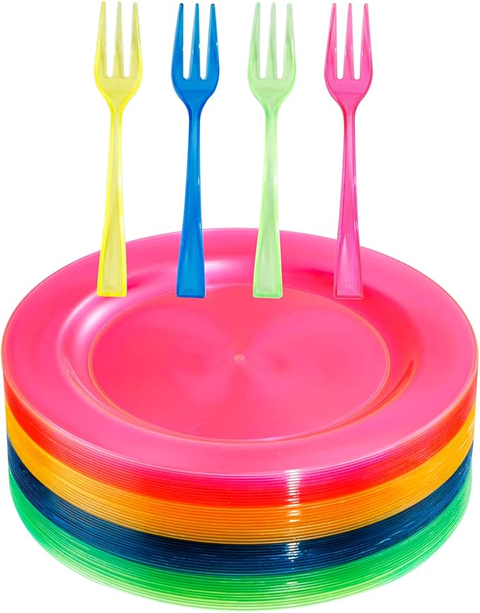 supernal 200pcs Appetizers Plates includ 100pcs Plastic Forks 100pcs Neon Party Plates Colorful Rainbow Disposable Party Plate and Dispsoable Forks Set for Party Catering Birthday New Year