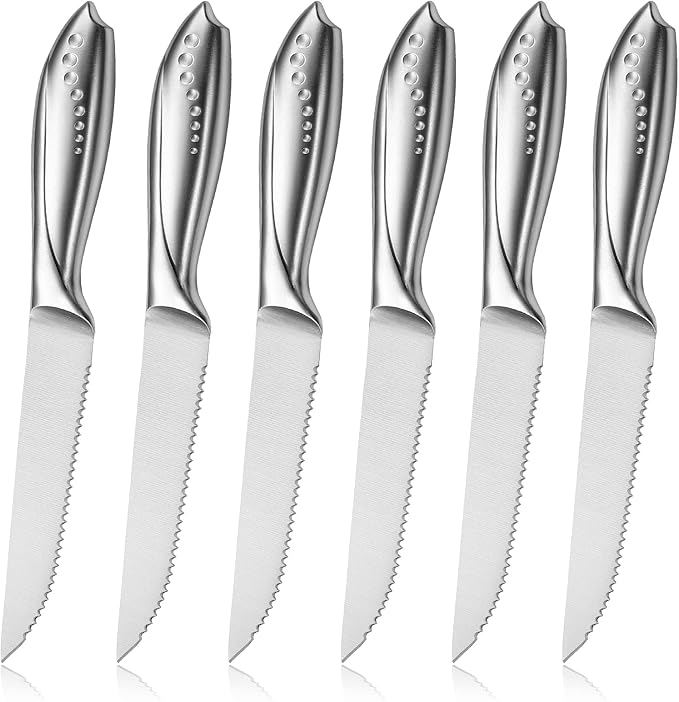 WELLSTAR Serrated Steak Knife Set of 6, Razor Sharp German Steel Blade 4.75 inch and Comfortable Stainless Steel Hollow Handle Durable Diner Table Knives Pack for Home Restaurant