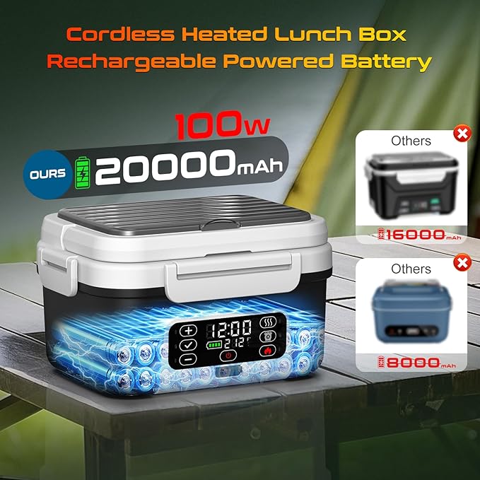 Cordless Electric Heated Lunch Box, XL 6.3Cups 20000mAh Rechargeable Food Warmer Lunch Box with Self Heating, Smart Timer, Adjustable Temperature, Leakproof, BPA Free, Removable Tray Divider