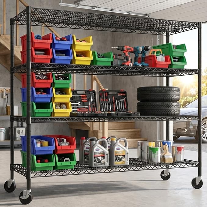 REIBII 60" W Storage Shelves 2878LBS Metal Shelving Unit with Wheels Heavy Duty Garage Shelving Adjustable Wire Shelves for Pantry,Kitchen,Garage,Basement,Business,Warehouse,School,60?쓂 횞24?쒭횞65.3?쒱