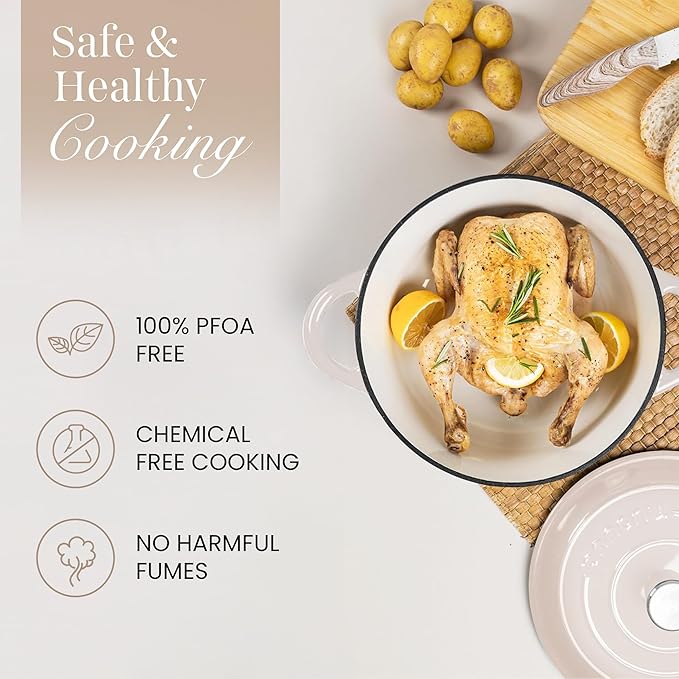 Nuovva Enamelled Cast Iron Dutch Oven Pot with Lid 6.4 Quart Non Stick Casserole Pot ??Heavy Duty & Oven Safe up to 500째 F for Bread Baking, Braising, Stews, Roasting ??28cm Oyster