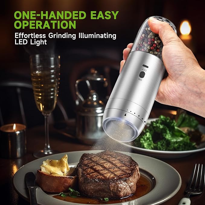 Gravity Salt and Pepper Grinder Set, Electric Salt and Pepper Grinder, Refillable Pepper Mill with Adjustable Coarseness & LED Light, Upgraded Large Capacity Rechargeable Pepper Grinders for Kitchen