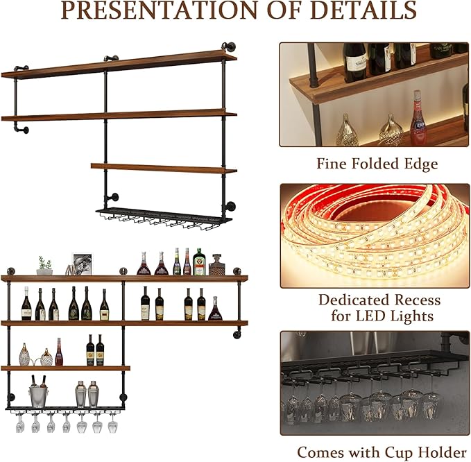 51.1in Large Wine Rack with LED Light, 4 Tiers Solid Wood Wall Mounted Wine Rack, Industrial Liquor Bottles Floating Shelves with Glass Holder for Home Bar/Dining Room (51.1in/130cm)