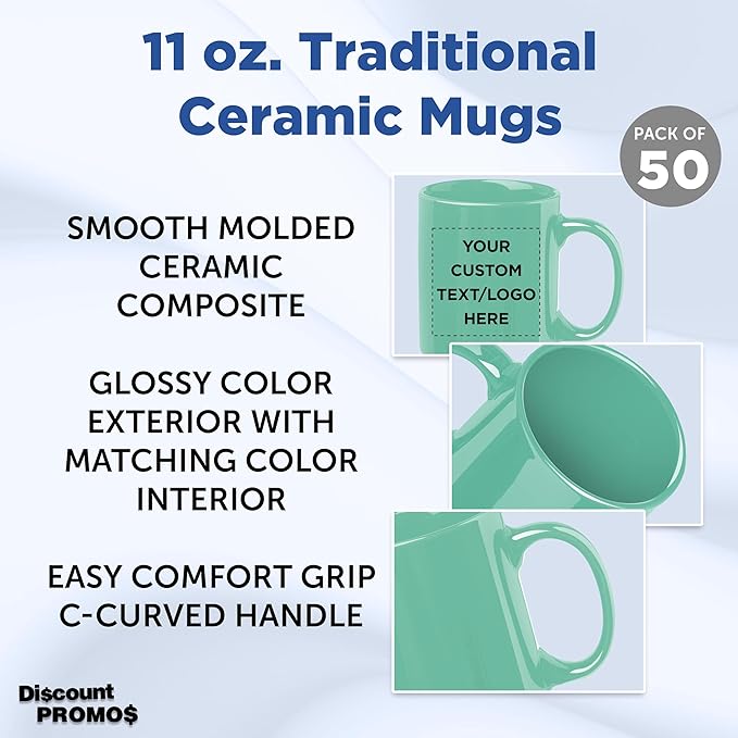 Custom Ceramic Coffee Mugs 11 oz. Set of 50, Personalized Bulk Pack - Coffee cup set, Iced coffee cup, Gaming mug - Teal
