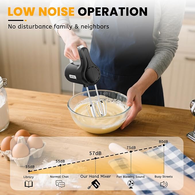 Lord Eagle 5-Speed Hand Mixer Electric Heldhand, 300W Compact Mixer for Baking, Egg Beater, Blending or Cooking, Portable & Lightweight, 5 Accessories, Black