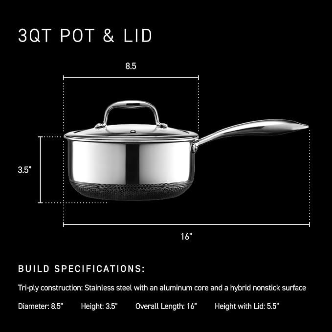 HexClad Hybrid Nonstick 3-Quart Saucepan with Tempered Glass Lid, Stay-Cool Handle, Dishwasher-Friendly, Oven-Safe Up to 900째F, Induction Ready, Compatible with All Cooktops