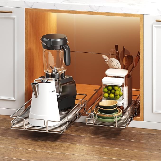 Pull Out Cabinet Organizer 10쩍" W x 18" D, Heavy Duty Cabinet Pull Out Shelves, Slide Out Drawers Organization for Kitchen Cabinets Bathroom