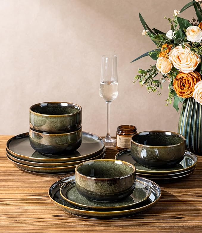 TheTerra Ceramic Dinnerware Sets for 6, 18 Pieces Handmade Reactive Glaze Plates and Bowls Set, Scratch Resistant Dish Set, Oven & Microwave & Dishwasher Safe, Olive Green