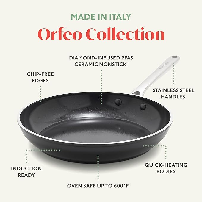 Orfeo 11??Nonstick Frying Pan, Made in Italy, Diamond Ceramic PFAS-Free Cookware, Induction Ready, Scratch Resistant, Laser-Fused Surface for Durability, Dishwasher Safe, Black