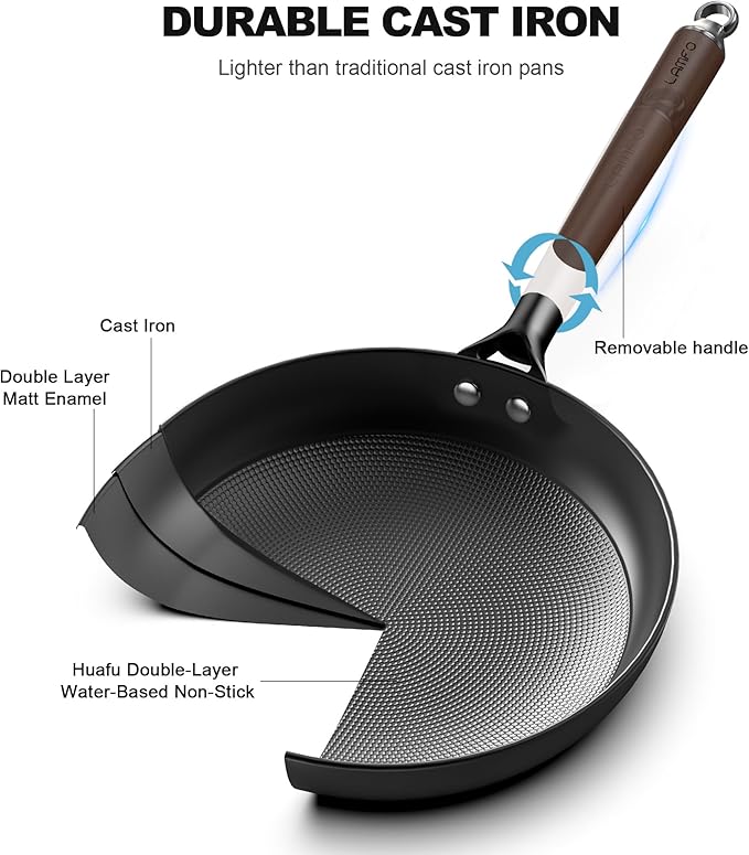 8" Cast Iron Skillets, Non Stick Frying Pan with Removable Handle, Oven & Dishwasher Safe Cooking Pan Compatible with All Stovetops