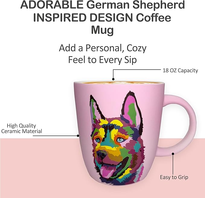 Soft Touch German Shepherd Pink Mug - 18 Oz Ceramic Coffee Mug with Premium Box - Coffee Cup for Dog Lovers - Unique Tea Cup for Every Day
