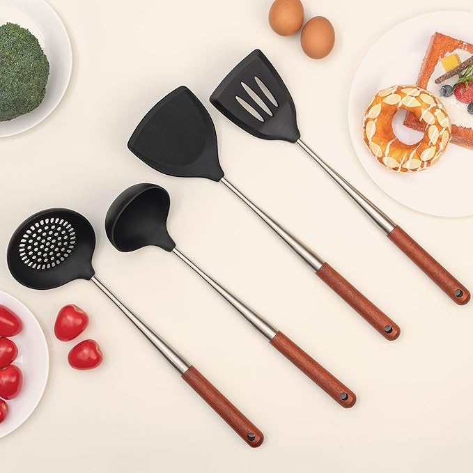 FJNATINH Silicone Spatula - Turner - Ladle - Skimmer Set Wok Utensil Set,Stainless Steel Non Stick Heat-Resistant Cooking Utensils BPA Free Kitchen Tools Cookware Wooden Handle, Pack of 4