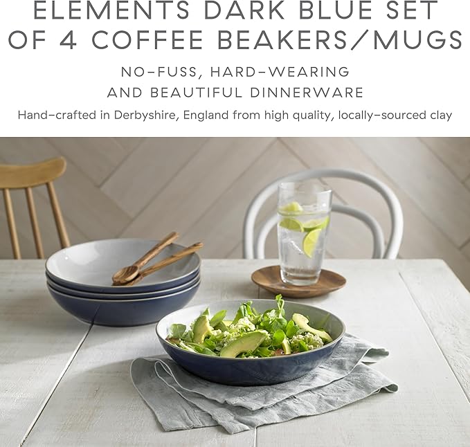 Denby - Elements Dark Blue Large Coffee Mug Set of 4-11.15 Ounce Stoneware Tea Cup Mug Set For Office & Home - Dishwasher Safe, Microwave Safe - Ceramic Tea Cups With Blue White Glaze, Chip Resistant