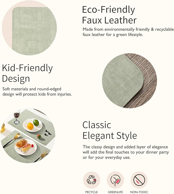 Maxpearl Faux Leather Placemats Set of 4, Waterproof - Wipe Clean - Heat Resistant - Anti Slip Dining Table Place Mats, Suitable for Indoor & Outdoor Use, 17?쇺쇒?2?쇺? Sage Green