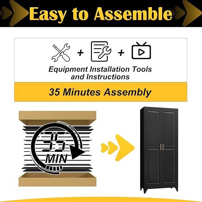 Kitchen Pantry Cabinet,75?쒫lack Metal Storage Cabinets with Doors and 4 Adjustable Shelves,Kitchen Cabinet with 2 Gold Handles,Tall Cabinet for Livingroom, Bathroom