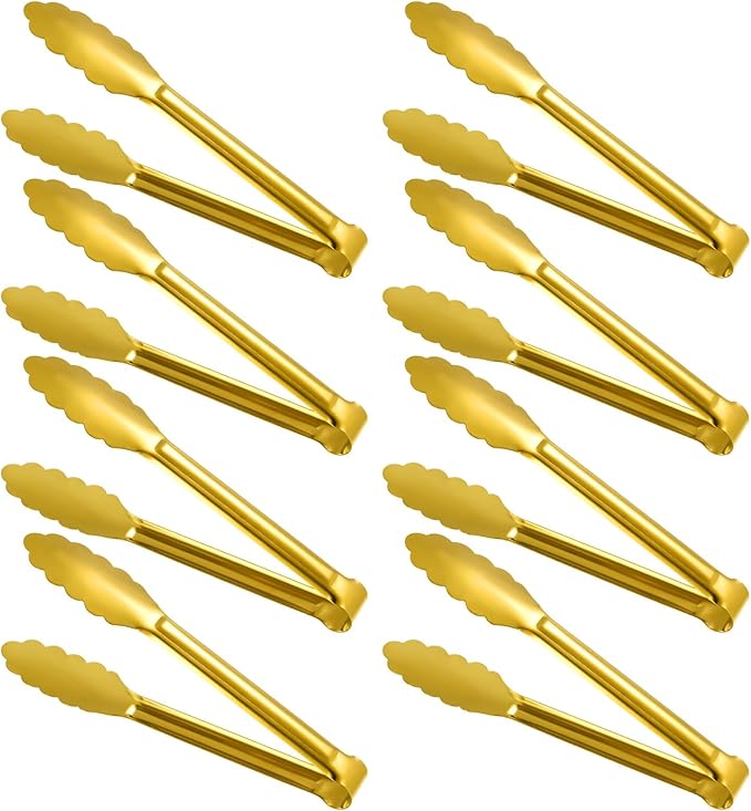 8-Piece Gold Serving Tongs, Gold Serving Utensils, Stainless Steel Plated Buffet Serving Tong,Salad Buffet Tongs,9 Inch