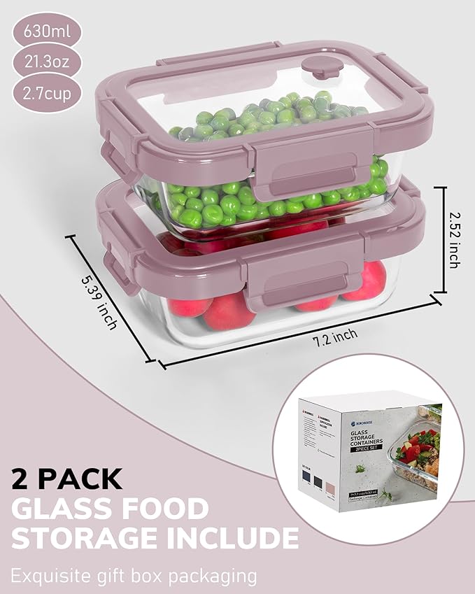 2-Pack Glass Food Storage Containers with Tempered Lids (21.3oz/2.7cup) - Airtight Snap Lock, Microwave & Oven Safe (-4?? 950째F), Freezer to Baking Dish, BPA-Free, Gift Box (Pink)