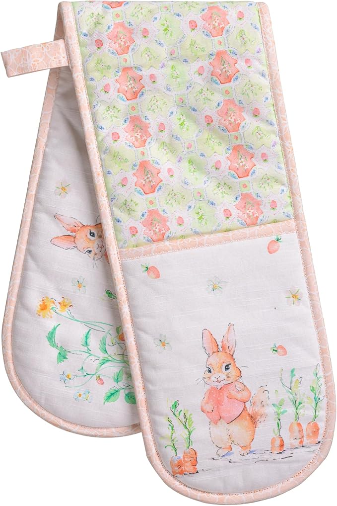 Maison d' Hermine Double Oven Mitts 100% Cotton 7"x35" Double Oven Mitt Heat Resistant BBQ Cooking Gloves with Loop, Baking, Grilling, Home, Kitchen, Handling Hot Pans Spring Summer (Bunny Party)