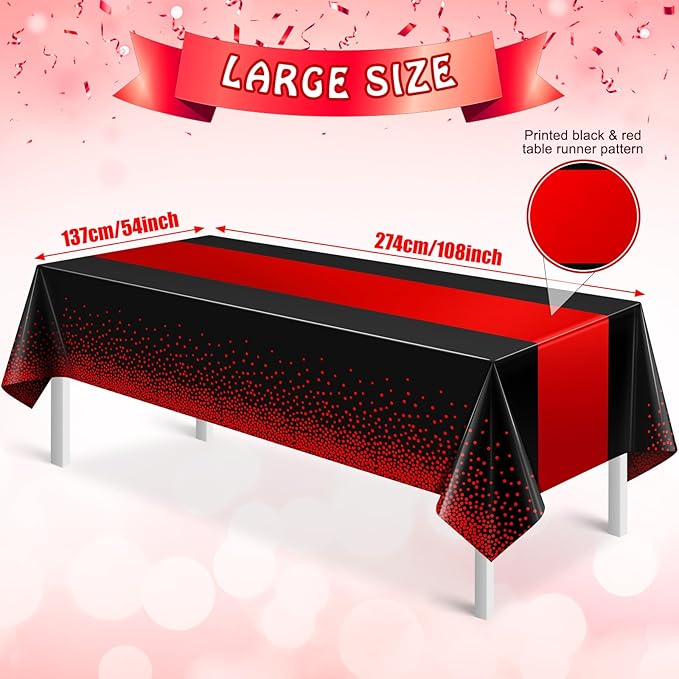 MASHAN 6Pcs Black and Red Tablecloth Party Decorations,Plastic Black Table Cloth Printed Red Table Runner Disposable Rectangle Cover for Birthday Weeding Anniversary Graduation Party,54 x108 Inch