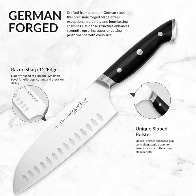 7 Inch Santoku Knife ??Razor Sharp German Steel Kitchen Knife for Chopping, Slicing & Mincing ??Hollow Edge Vegetable Knife with Full Tang & Ergonomic Handle ??Gift Box Included ??Velina Series