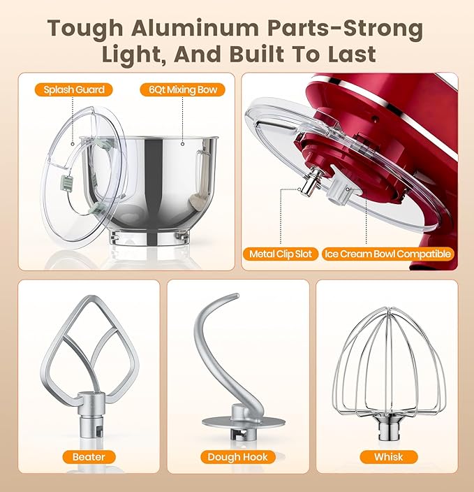 Stand Mixer 6QT Kitchen Mixer with LED Smart Touchscreen, 11-Speed Tilt-Head Mixer with Timer, 4 Preset Menus, Stainless Steel Bowl, Dough Hook, Whisk, Beater,Red