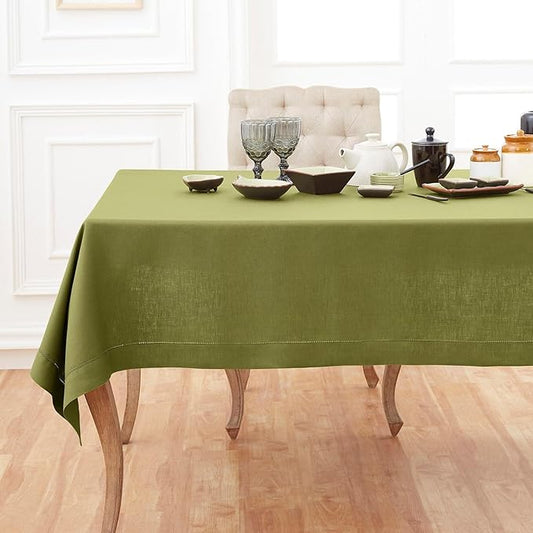 Solino Home Linen Tablecloth 60 x 90 Inch - Classic Hemstitch 100% Pure Linen Avocado Green Table Cloth for Rectangle Tables - Machine Washable Tablecloth for Winter, Spring, Easter, St Patricks Day