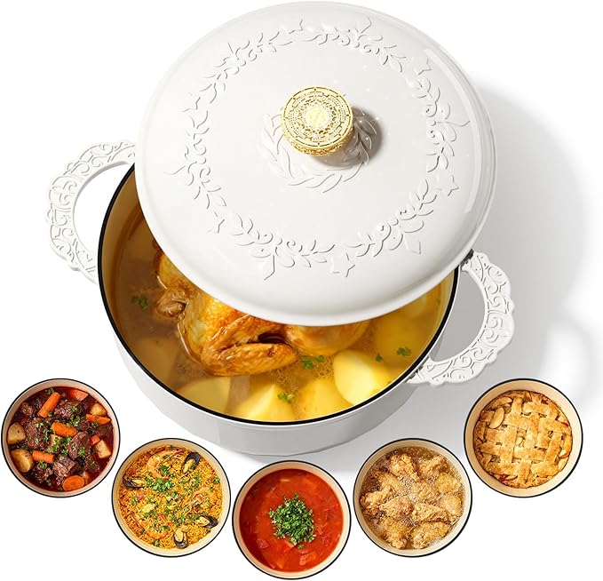 6 Quart Chip-resistant Enameled Cast Iron Dutch Oven Pot with Lid and Elegant Gold Hollow Knob With Handcrafted Inlaid Cubic Zirconia Detail, Safe For Bake,Stew, Braise, Boil, Deep Fry, Roast (White)
