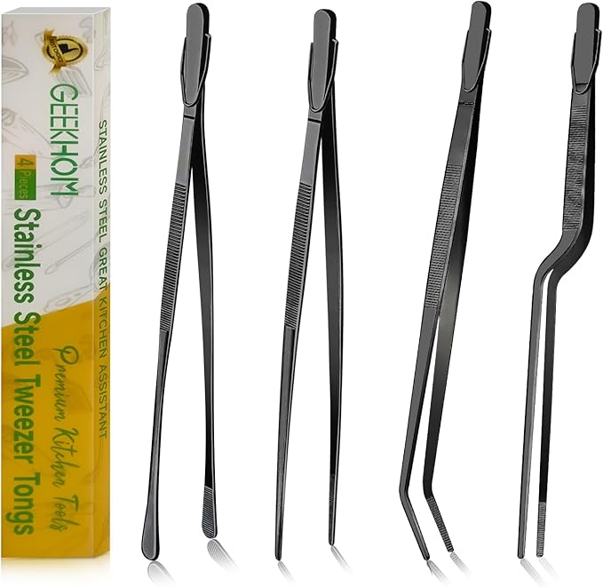 GEEKHOM Heavy Duty 12-Inch Metal BBQ Tongs: 4-Piece Commercial Grade Stainless Steel for Grilling & Turning (Black)