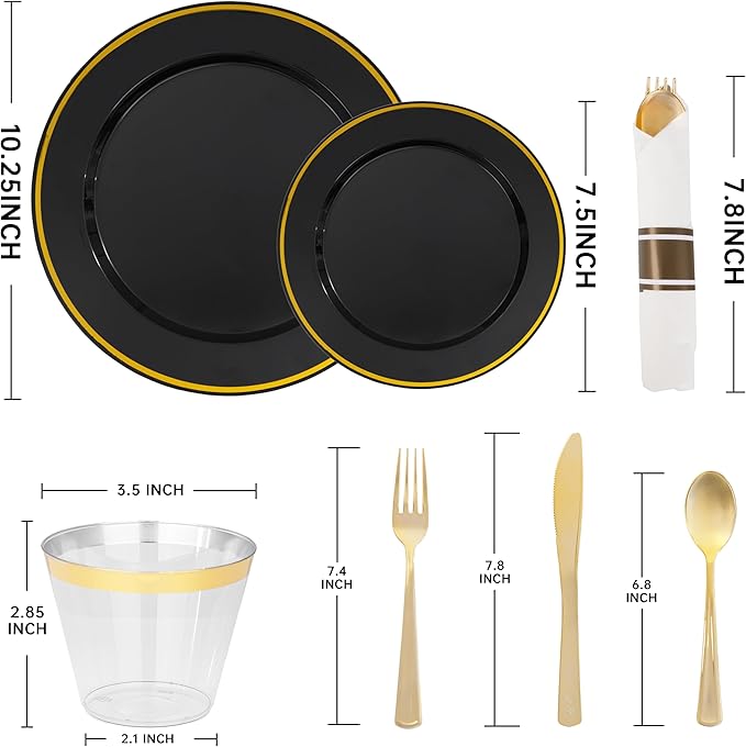 SUT 350 Pcs Black and Gold Plastic Dinnerware Set for 50 Guests, Include: 50 Dinner Plates, 50 Dessert Plates, 50 Pre Rolled Napkins With Silverware, 50 Cups, Disposable Plates for Party