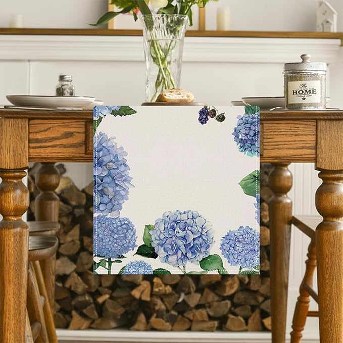 ZCHOMI Purple Hydrangea Table Runner 13x72 Inch Seasonal Spring Summer Green Plants Kitchen Dinning Table Decoration for Indoor Outdoor Birthday Home Party Decor