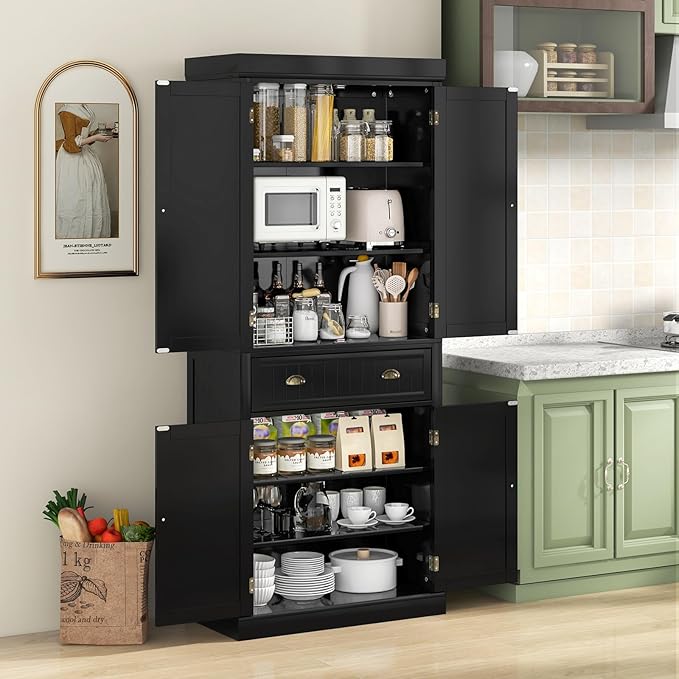 Tangkula 72" H Kitchen Pantry Cupboard Cabinet, Traditional Freestanding Large Tall Storage Cabinet with 2 Cabinets and Drawer, Adjustable Shelves, for Living Room Kitchen, 30 x 16 x 72 Inch