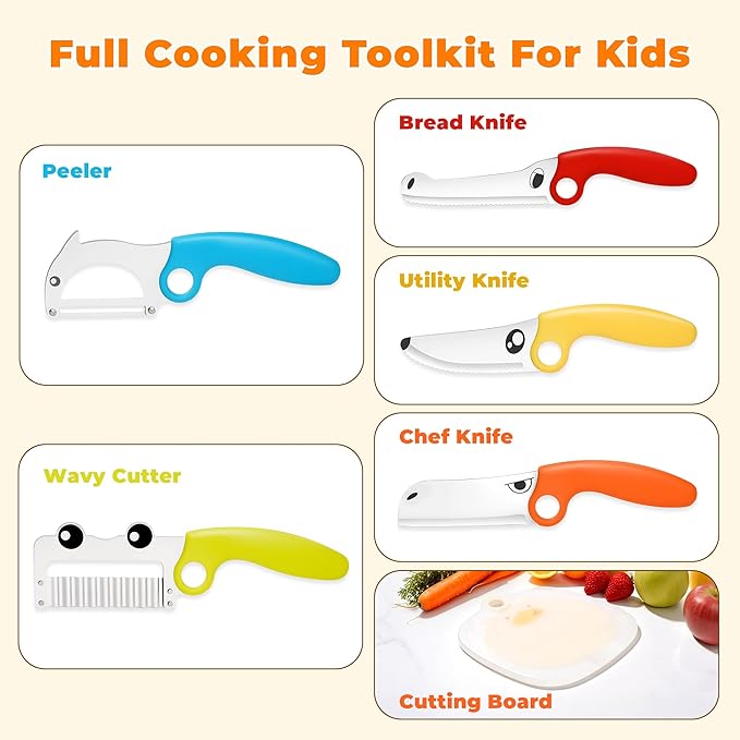 Kids Kitchen Knife Set with Educational Ring, 7-Piece Animal Cooking Tools, Safe Stainless Steel Knives, Finger Guard & Cutting Board, Montessori Cooking Set for Kids