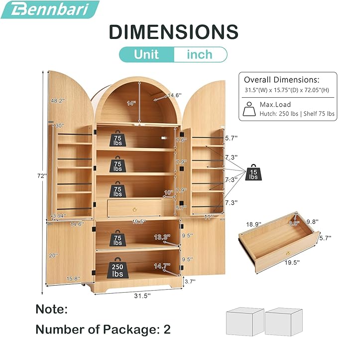 72" Tall Arched Kitchen Pantry Cabinet with 8 Door Shelves and Hidden Drawer, Fluted Storage Cabinets with 3 Adjustable Shelves, Versatile Cupboard for Kitchen (Natural)
