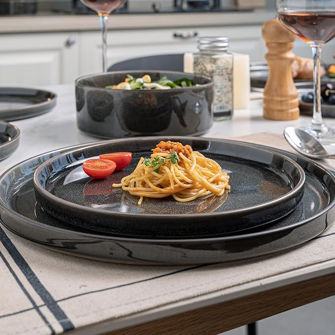 Stoneware Dinnerware Sets, Plates and Bowls Set for 4, 12-Piece Modern Stoneware Dinnerware ??Chip Resistant, Non-Toxic, Dishwasher and Microwave Safe Tableware竊똆lossy Black
