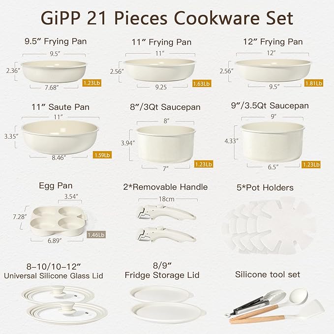 GiPP Ceramic Pots and Pans Set Non Stick, Nonstick Detachable Handle Cookware Sets, Healthy Non Toxic PFAS PFOA & PTFE Free, Dishwasher 竊냀ven Safe, Induction Kitchen Pot and Pan, 21 Piece Cream