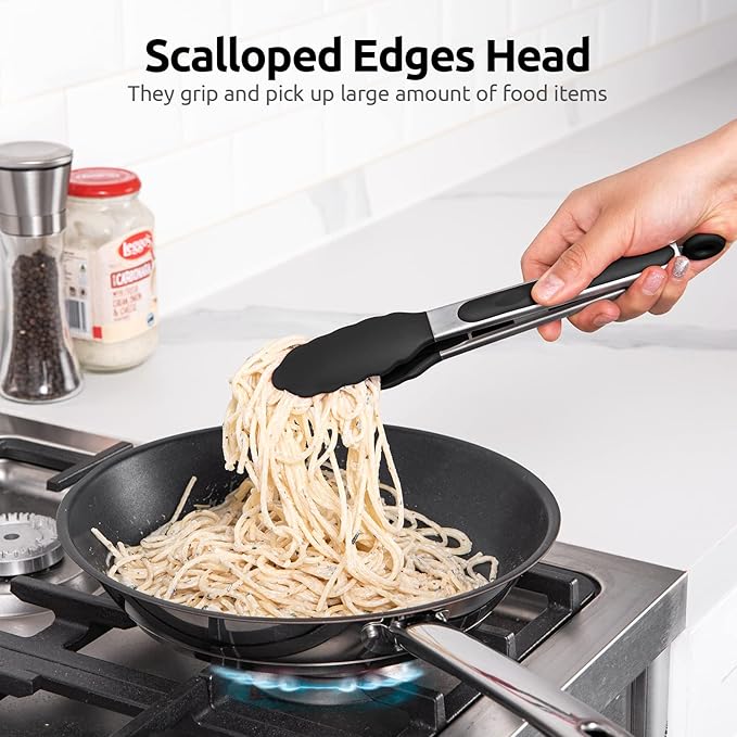 600쨘F Heat Resistant Kitchen Tongs: U-Taste 9 inch Silicone Cooking Tong with Firm Sealed Non Stick Rubber Tips & Silicon Coated 18/8 Stainless Steel Handle & Smooth Locking for Serving Salad (Black)