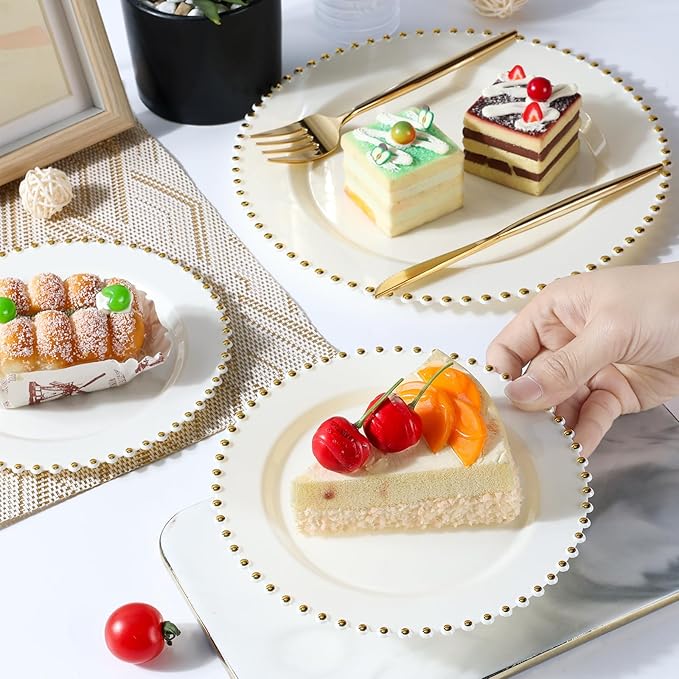 EI 60pcs Beige Plastic Plates with Gold Rim,Ivory Disposable Plates,Heavy Duty Fancy Plastic Plate Elegant for Party,Wedding,Birthday,Spring,Afternoon tea