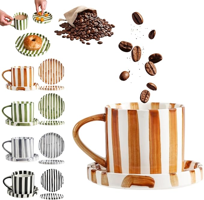 Retro Striped Hand-Painted Ceramic Mark Hand-Held Cup, Retro Striped Ceramic Coffee Mug, 9 oz Hand-Painted Stripeds Ceramics Coffee Mug with Cups, Saucers and Plates (Orange)