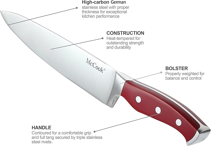 McCook짰 Stainless Steel Kitchen Knife Sets with Wooden Block, Kitchen Scissors and Built-in Sharpener, Red