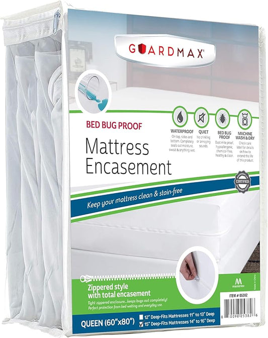 Guardmax Jersey Knitted Queen Zippered Mattress Encasement with Deep Pockets - Waterproof & Bed Bug Proof Mattress Protector - Comfortable, Soft, and Noiseless Zippered Bedding - (60 x 80 x 15)