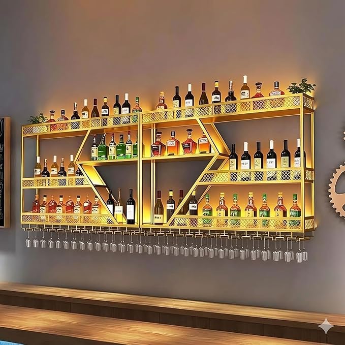 Liquor Bottles Bar Shelves Wall,Metal Bar Shelves Wall Mounted,Wall Mounted Wine Rack with LED Light with Glasses Holder, for Dining Room Home Cellar Industrial Iron Frame for Kitchen (Gold, 79in)