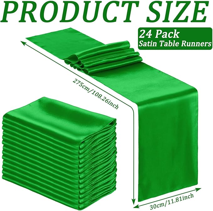 Bencailor 24 Pcs Emerald Green Satin Table Runner Bulk 12 x 108 Inches Long Table Runners Bright Smooth Fabric Tablecloth for Wedding Banquet Birthday Valentines St Patrick's Day Party Decorations