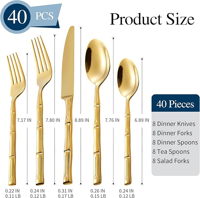 Silverware 40-Piece Stainless Steel Mirror Polishing Gold Flatware Set Bamboo Pattern Cutlery Set Service for 8
