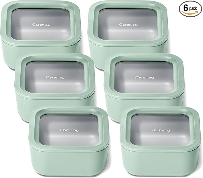 Caraway 6pc Glass Food Storage Set ??4.4 Cup Food Containers (6) - Ceramic Coated - Non Toxic, Non Stick with Lids - Microwave Safe - Mist