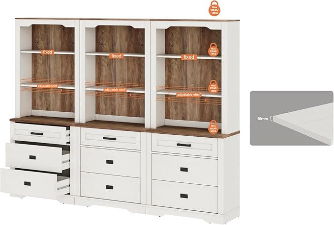 WAMPAT 3 Column 3 Tier Pantry Cabinet with Drawer,73.3" Tall Floor Standing Cupboard,Modern Farmhouse Display Kitchen Buffet with Adjustable Shelves for Dining Room,Living Room,Rustic White